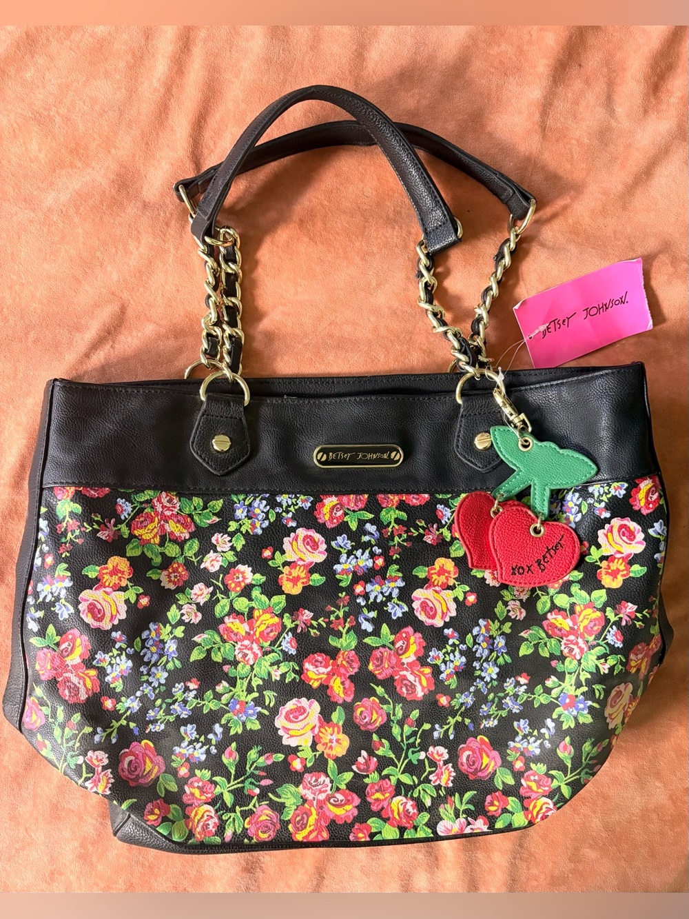Betsey Johnson 15” Black Colorful Floral Chain-Handle Shoulder Bag
